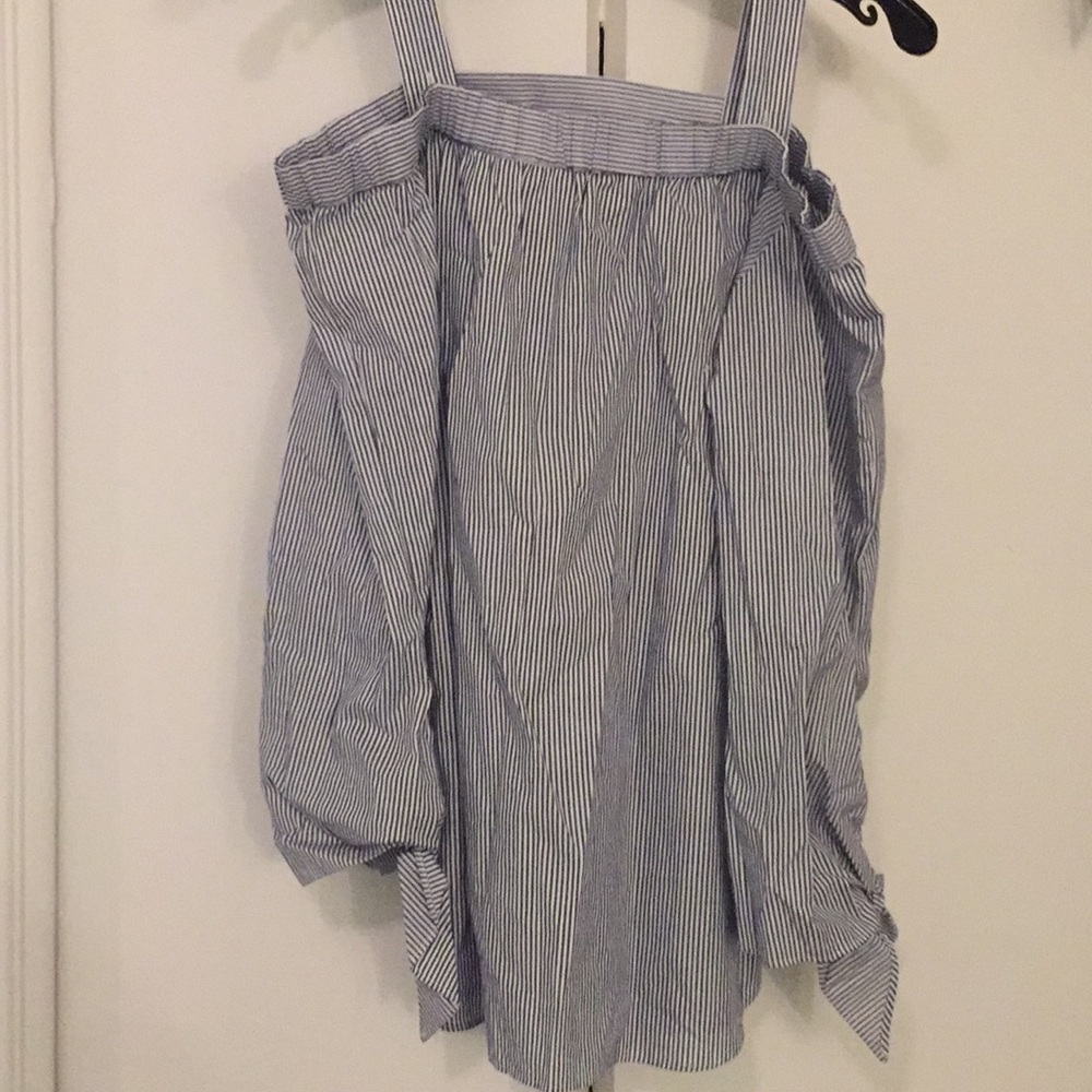 Blue pinstripe off the shoulder top